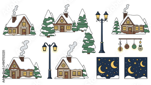 Cozy Winter Scene: A charming illustration depicts a collection of snow-covered houses nestled amidst evergreen trees, capturing the tranquility of a winter evening.