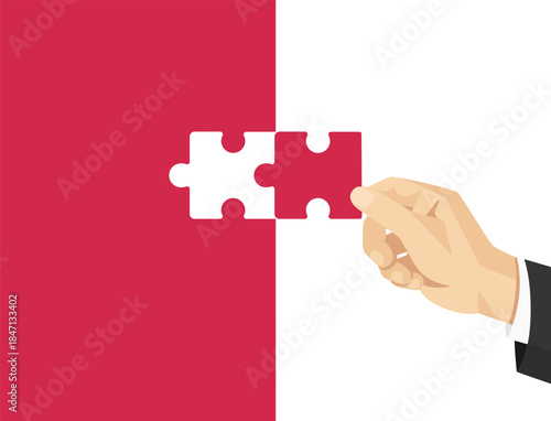 Male business hand completing red puzzle to finish the task. Problem solving concept. Vector illustration isolated