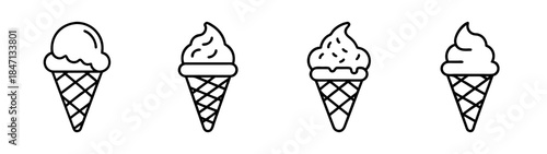A collection of four ice cream cone line art icons depicting different styles of frozen dessert