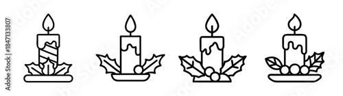 Simple line drawings of festive christmas candles decorated with holly and berries