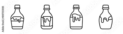 Set of line icons representing different bottles of sauce, syrup, or condiment with dripping liquid