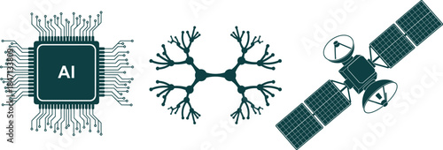 AI Microchip Neural Network and Satellite Icons artificial intelligence processor
