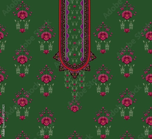 Green Floral Textile Design with Ornate Neckline Motif