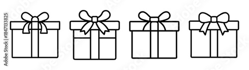 A set of four simple black and white outline gift boxes with bows