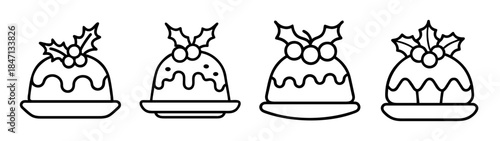 Set of four simple black and white line icons representing christmas pudding