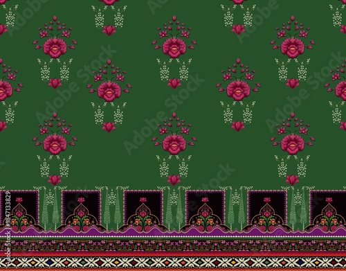 Pink Floral Motif on Green Background – Ornamental Textile with Multicolor Panel Border and Geometric Accents