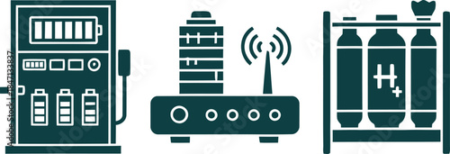 Battery charging station router and hydrogen gas cylinders icons power energy