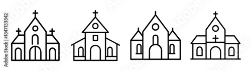 A collection of four minimalist line art icons representing church buildings