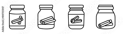 Four black outline icons illustrating different glass jars filled with cinnamon sticks, perfect for spice and food themes