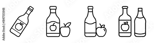 A set of minimalist line icons depicting apple cider bottles and fresh apples