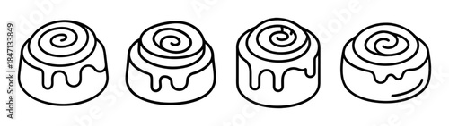 A black and white vector line art illustration featuring a row of four delicious cinnamon rolls