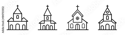 Set of four simple line art church icons with crosses on white background