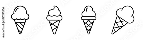 Four different ice cream cone icons set in a simple, minimalist line art style