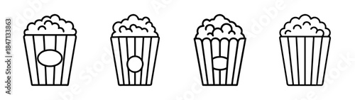 A set of four simple black and white line icons representing popcorn buckets for cinema