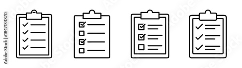 Four variations of clipboard checklist icons for task management and organization