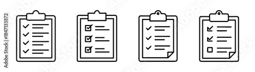 Various black and white line icons representing a clipboard checklist or to-do list