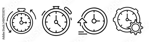 Set of black line icons illustrating time management, countdown, and circular process concepts