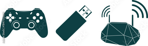 Video game controller USB drive and wireless router icons on white background gamepad joystick