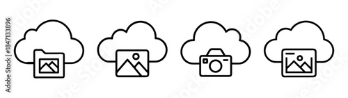 A collection of cloud storage icons for photo and media backup in a line art style