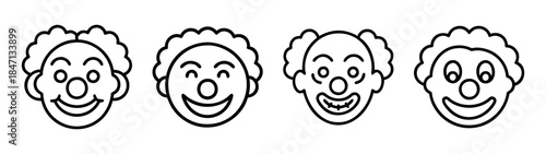 A set of four simple line art icons depicting different cheerful clown faces