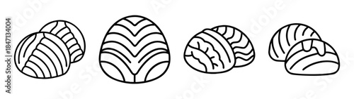 Simple black and white line art set depicting a variety of confections and decorated eggs