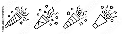 Black and white line art set of four exploding party popper icons for festive celebrations