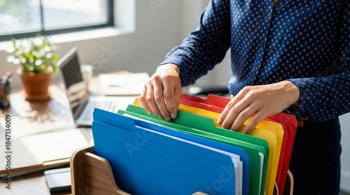 Organizing documents in an office setting during daytime with colorful file folders on a desk