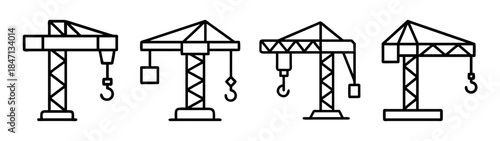 Simple line art icon set featuring different tower cranes for construction projects