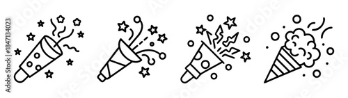 A set of festive party popper and confetti cone icons for celebration designs