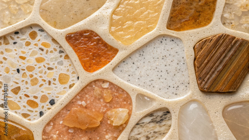 Bio material creative graphic. close up of colorful mosaic tile pattern with various textures and earthy tones