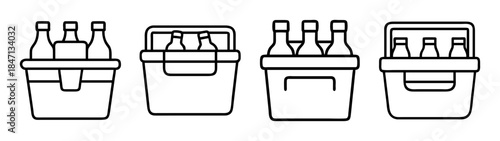 Four simple line art icons representing beverage coolers and insulated carriers