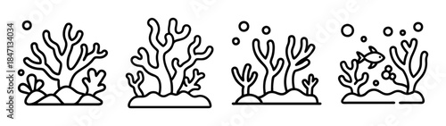A collection of four black and white line icons representing underwater coral and marine life