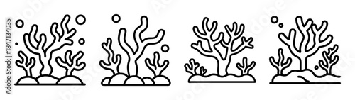 Line art illustrations of various coral and underwater plants for marine theme design.