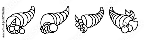Four black and white outline drawings of cornucopia, symbolizing harvest and abundance