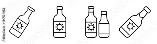 A set of line art icons depicting beverage bottles with a sun symbol label