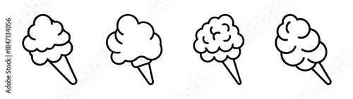 A collection of four black and white line art icons depicting different variations of cotton candy on a stick.