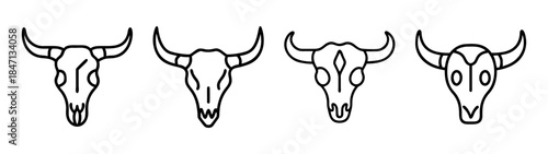 A set of four different stylized outline icons representing bull skulls with horns