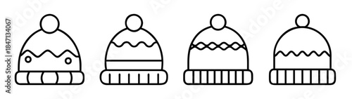 Simple line art set featuring four winter beanie hats with various decorative patterns and pom-poms