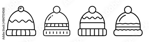 Four different styles of knitted winter hats with pom-poms line art icon set
