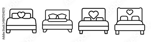 Outline icons set of beds, including romantic heart designs, suitable for bedroom or love concepts