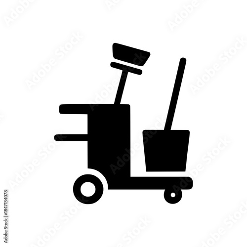 Janitorial cart with cleaning supplies on wheels