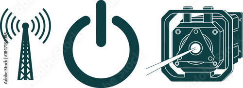 Communication Tower Power Button and Surveying Equipment Icons on White Background antenna
