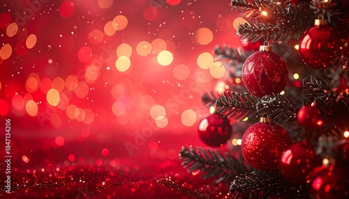 Red Christmas tree decoration background with festive gold ornaments and merry winter holiday lights