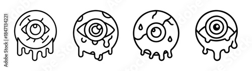 A collection of four black and white line art icons featuring melting and dripping eyeballs for spooky designs