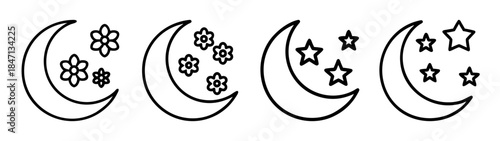 Collection of outline icons featuring crescent moons with stars and flowers