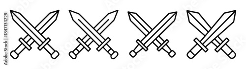 Four simple icons of crossed swords arranged in a row representing conflict or battle