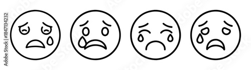 A collection of four simple line art icons representing sadness and crying emotion
