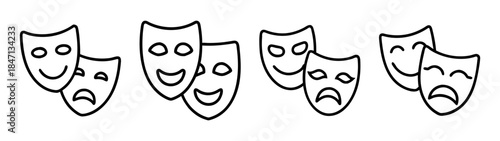 The classic symbol of drama represented by four pairs of comedy and tragedy masks