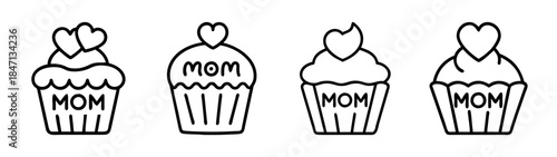 A collection of mom-themed cupcake icons with hearts for mother's day celebration