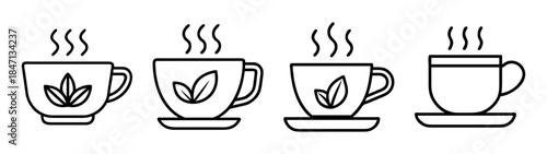 A collection of hot tea cup icons in a black and white outline style